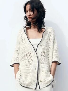 Zara knit crochet white short sleeve button down cardigan top S/M